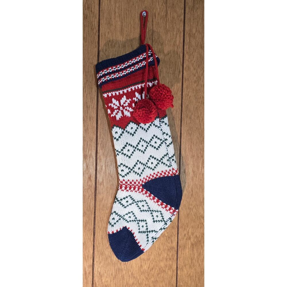 Wondershop Christmas Stocking Knit Fair Isle Pom Pom Red White Green 20 Inch